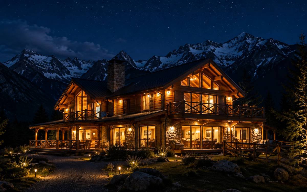 Cabaña de madera de noche con montañas nevadas de fondo — demo Cabañas Los Coihues