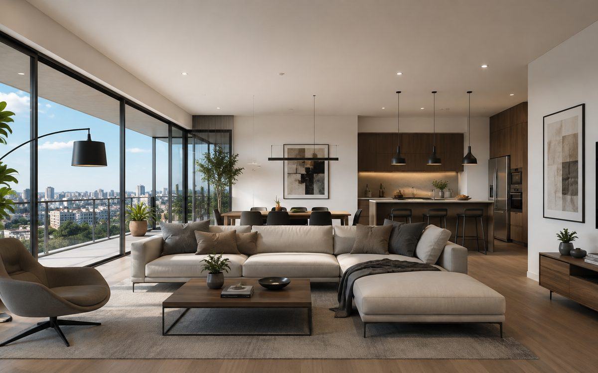 Living moderno con ventanal de piso a techo y vista a la ciudad — demo inmobiliaria Luma Raíces