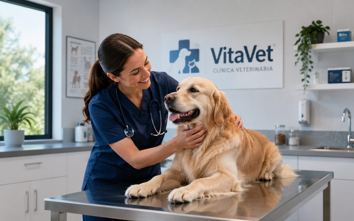 Veterinaria atendiendo a un golden retriever en consulta — demo VitaVet